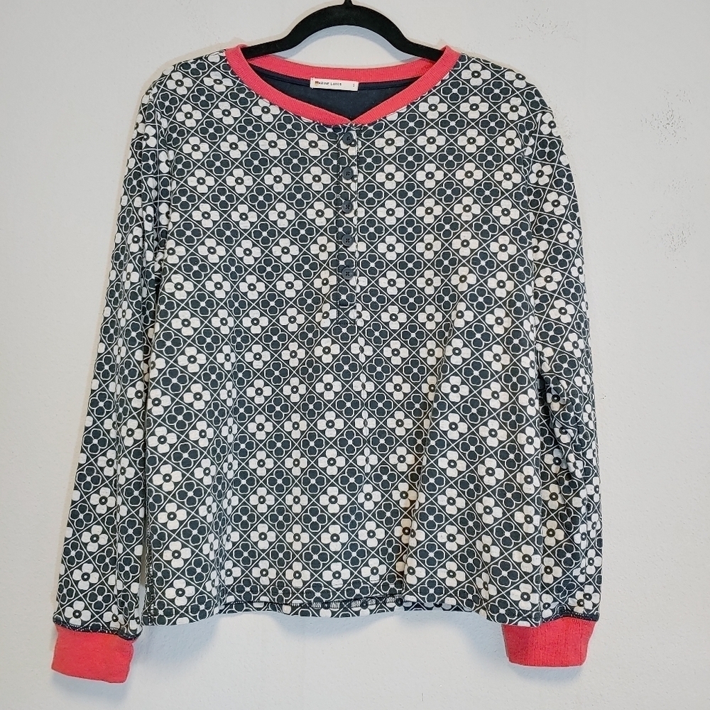 Marine Layer Women's Double Knit Floral Henley Long Sleeves Top Sz S